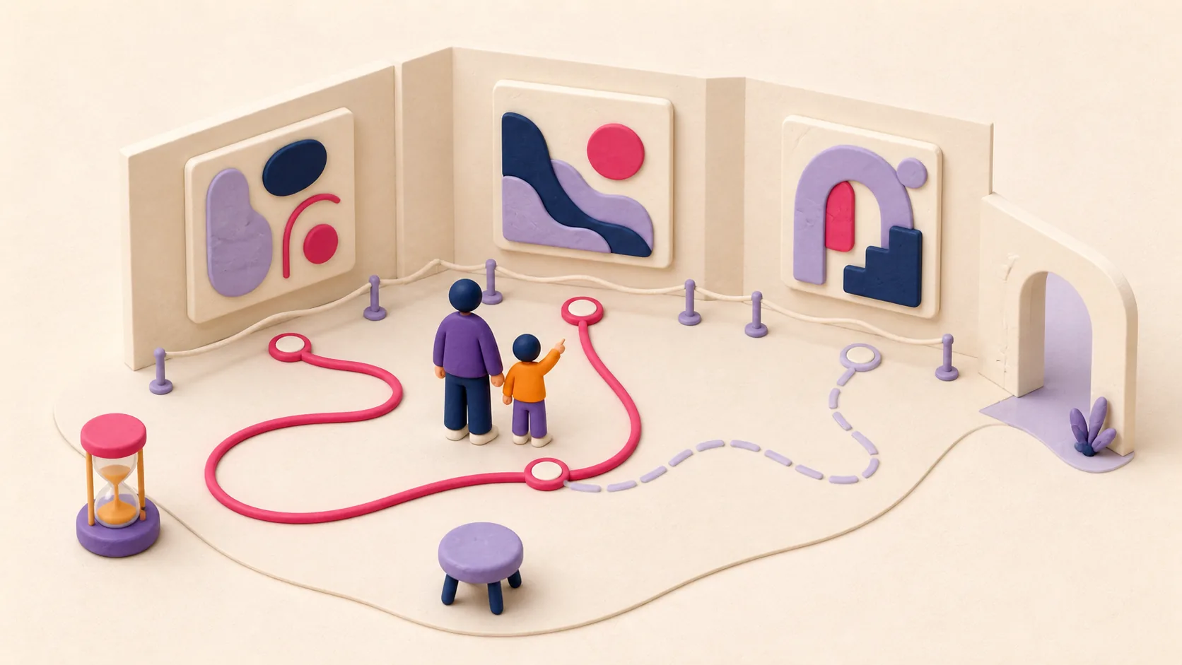 Parcours court dans un musée avec œuvres abstraites, sablier et sortie
