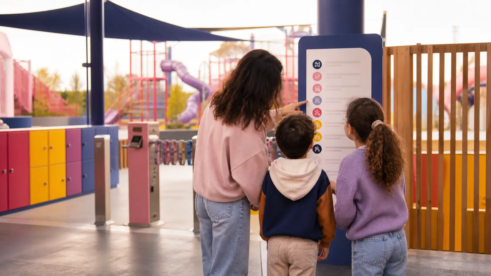 Une adulte et deux enfants consultent les règles à l’entrée d’un parc de loisirs familial