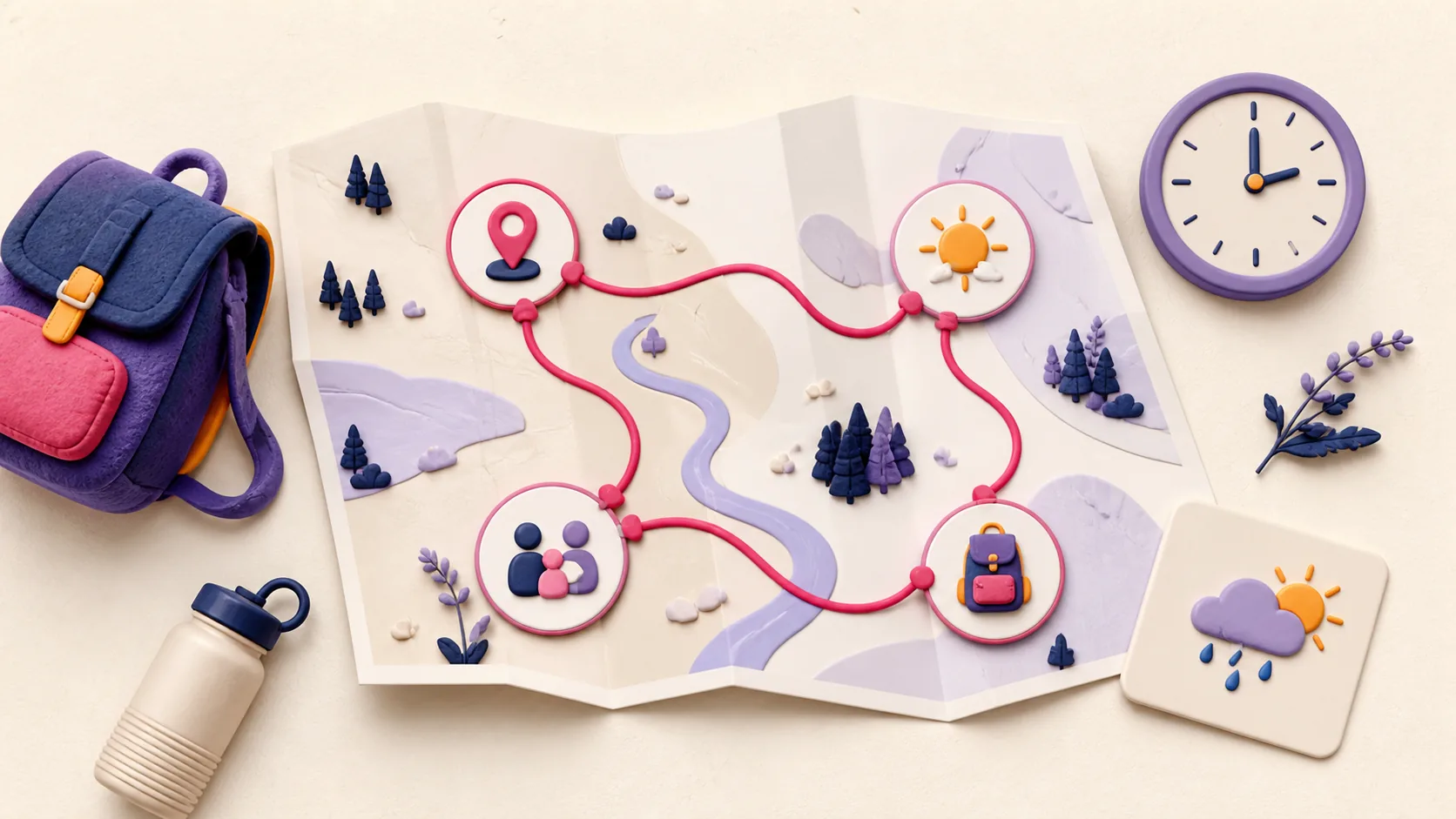 Carte d’itinéraire avec sac à dos, horloge et météo pour préparer une sortie familiale